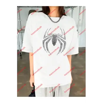 Unisex Örümcek Baskılı Tshirt Beyaz