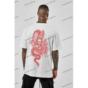 Unisex Oversize Dragon Baskılı Beyaz
