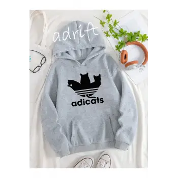 Unisex Oversize Kapüşonlu Kanguru Cepli Adicats Baskılı Gri