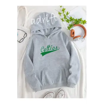 Unisex Oversize Kapüşonlu Kanguru Cepli Celttics Baskılı Gri
