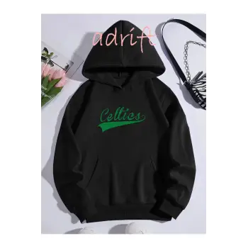 Unisex Oversize Kapüşonlu Kanguru Cepli Celttics Baskılı Siyah