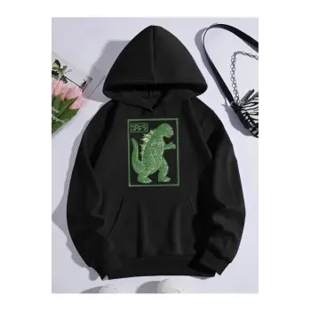 Unisex Oversize Kapüşonlu Kanguru Cepli Goodzila Baskılı Siyah