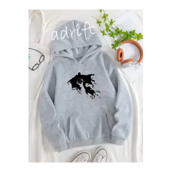 Unisex Oversize Kapüşonlu Kanguru Cepli Harry Potter Baskılı Gri