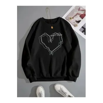 Unisex Oversize Siyah 3kalp Baskılı Sweatshirt