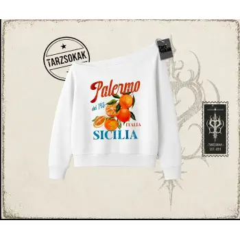 Unisex Palermo Sicilia Kadın Kayık Yaka Sweatshirt Beyaz