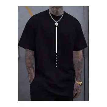 Unisex Paris Çizgi Baskılı Oversize %100 Pamuk