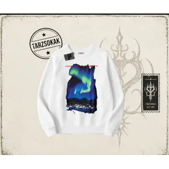 Unisex Paris Oversize Unisex Bisiklet Yaka Sweatshirt Beyaz