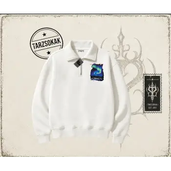 Unisex Paris Unisex Polo Yaka Yarım Fermuarlı Sweatshirt Beyaz