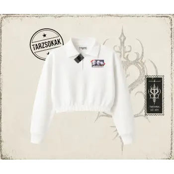 Unisex Pressure Kadın Crop Polo Yaka Yarım Fermuarlı Sweatshirt Beyaz