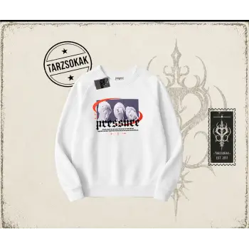Unisex Pressure Oversize Unisex Bisiklet Yaka Sweatshirt Beyaz