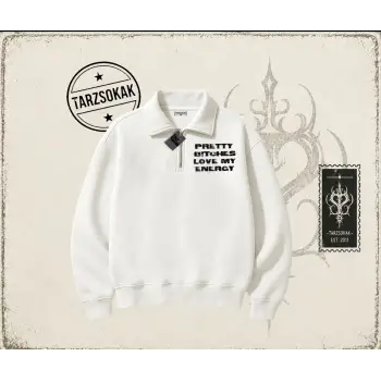 Unisex Pretty Unisex Polo Yaka Yarım Fermuarlı Sweatshirt Beyaz