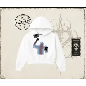 Unisex Psycho Kadın Crop Kapşonlu Sweatshirt Beyaz