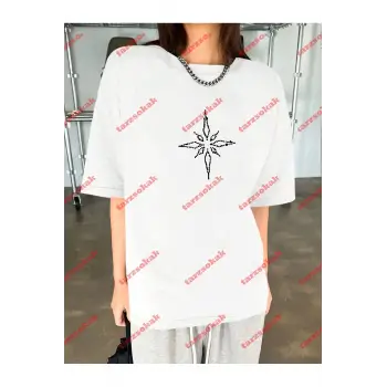 Unisex Pusula Baskılı Tshirt Beyaz
