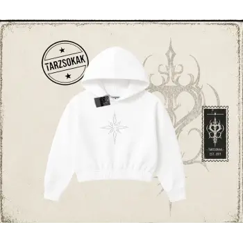Unisex Pusula Kadın Crop Kapşonlu Sweatshirt Beyaz
