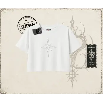 Unisex Pusula Kadın Crop Tişört Beyaz