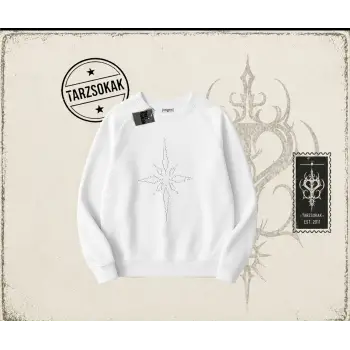Unisex Pusula Oversize Unisex Bisiklet Yaka Sweatshirt Beyaz
