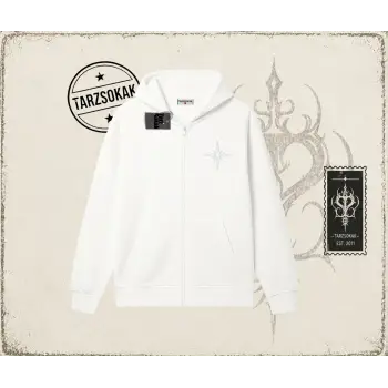 Unisex Pusula Oversize Unisex Hırka & Çeket Fermuarlı Sweatshirt Beyaz