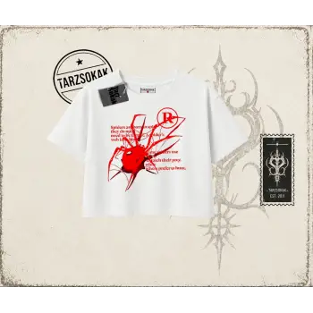 Unisex R Spider Kadın Crop Tişört Beyaz