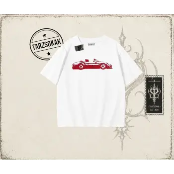 Unisex Red Cabrio Oversize Unisex Tişört Beyaz
