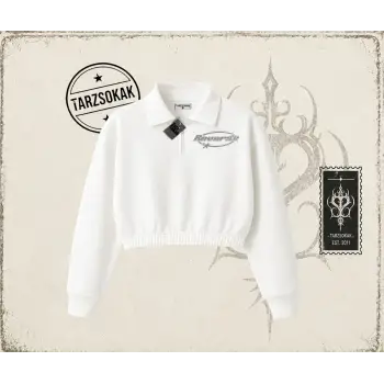 Unisex Reverse Kadın Crop Polo Yaka Yarım Fermuarlı Sweatshirt Beyaz