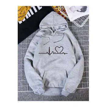 Unisex Ritim Baskılı Kapüşonlu Sweatshirt Gri