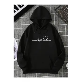 Unisex Ritim Baskılı Kapüşonlu Sweatshirt Siyah
