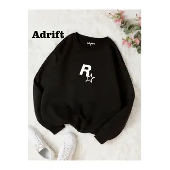 Unisex RockStar Baskılı Bisiklet Yaka Sweatshirt Siyah