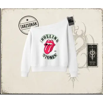 Unisex Rolling Stones 1978 Kadın Kayık Yaka Sweatshirt Beyaz