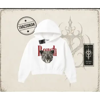Unisex Rough Leopar Kadın Crop Kapşonlu Sweatshirt Beyaz