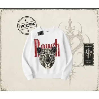 Unisex Rough Leopar Oversize Unisex Bisiklet Yaka Sweatshirt Beyaz