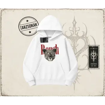 Unisex Rough Leopar Oversize Unisex Kapşonlu Sweatshirt Beyaz