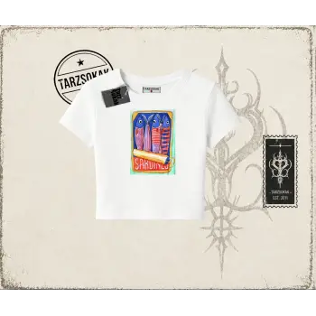 Unisex Sardines Tin Kadın Baby Tee Beyaz