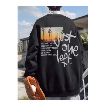 Unisex Scenery Baskılı Oversize Bisiklet Yaka Sweatshirt Siyah