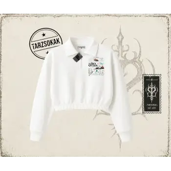 Unisex Sea Otter Kadın Crop Polo Yaka Yarım Fermuarlı Sweatshirt Beyaz