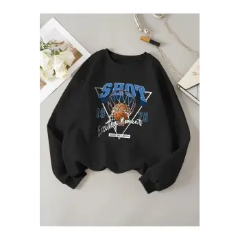 Unisex SHOT 1976 Baskılı Bisiklet Yaka Oversize Sweatshirt Siyah