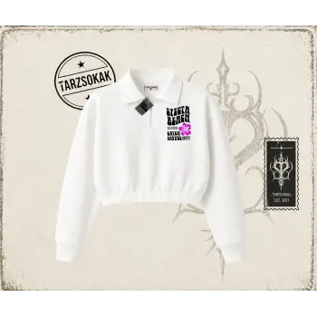 Unisex Siesta Beach Kadın Crop Polo Yaka Yarım Fermuarlı Sweatshirt Beyaz