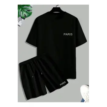 Unisex Siyah Alt-üst Tshirt Şort Kombini Paris Baskılı Takım