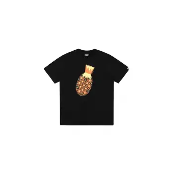 Unisex Siyah Ananas Baskılı Bisiklet Yaka Tshirt