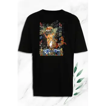 Unisex Siyah Antik Mısır Baskılı Oversize T-shirt