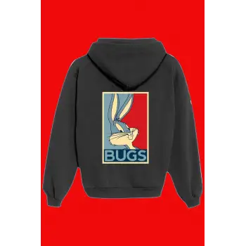 Unisex Siyah Bugs Bunny Sırt Baskılı Sweatshirt