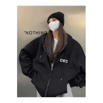 Unisex Siyah CEC Baskılı Oversize Kapüşonlu Hırka