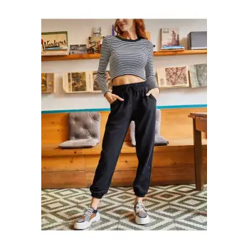 Unisex Siyah Cepli Beli Bağcıklı Basic Eşofman Altı Jogger