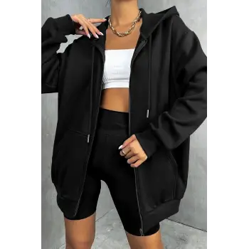 Ünisex Siyah Fermuarlı Oversize Sweatshirt NEW YORK21