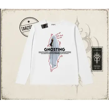 Unisex Siyah Ghosting Biskilet Yaka  Long Sleeve Beyaz