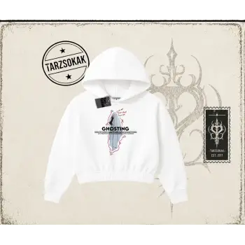 Unisex Siyah Ghosting Kadın Crop Kapşonlu Sweatshirt Beyaz