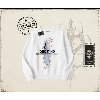 Unisex Siyah Ghosting Oversize Unisex Bisiklet Yaka Sweatshirt Beyaz
