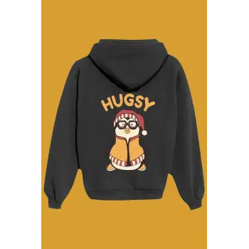 Unisex Siyah Hugsy Sırt Baskılı Sweatshirt