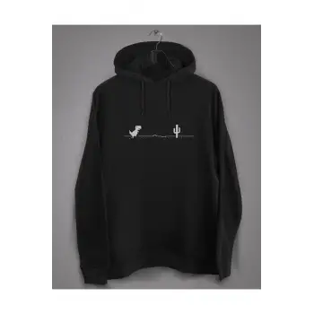 Unisex Siyah Internetsiz Dinozor Baskılı Sweatshirt