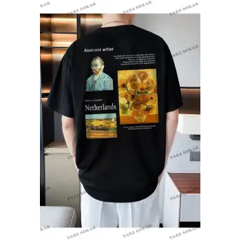 Unisex Siyah Netherlands Baskılı Oversize Bisiklet Yaka Penye