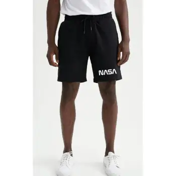 Unisex Siyah Panda Baskılı Cepli Penye Şort